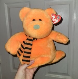 Ty Orange Plush Bear with Striped Scarf HALLOWEEN SHIVERS GHOST